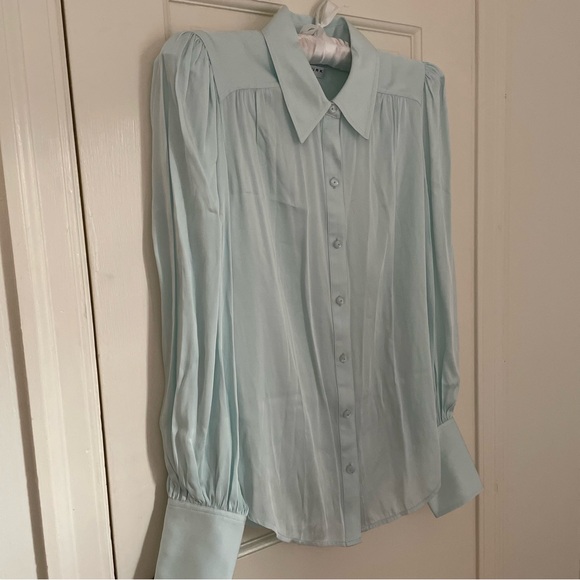 Trina Turk Puff Sleeve Silk Blend Blouse, Blue Frost, Small - Picture 3 of 9